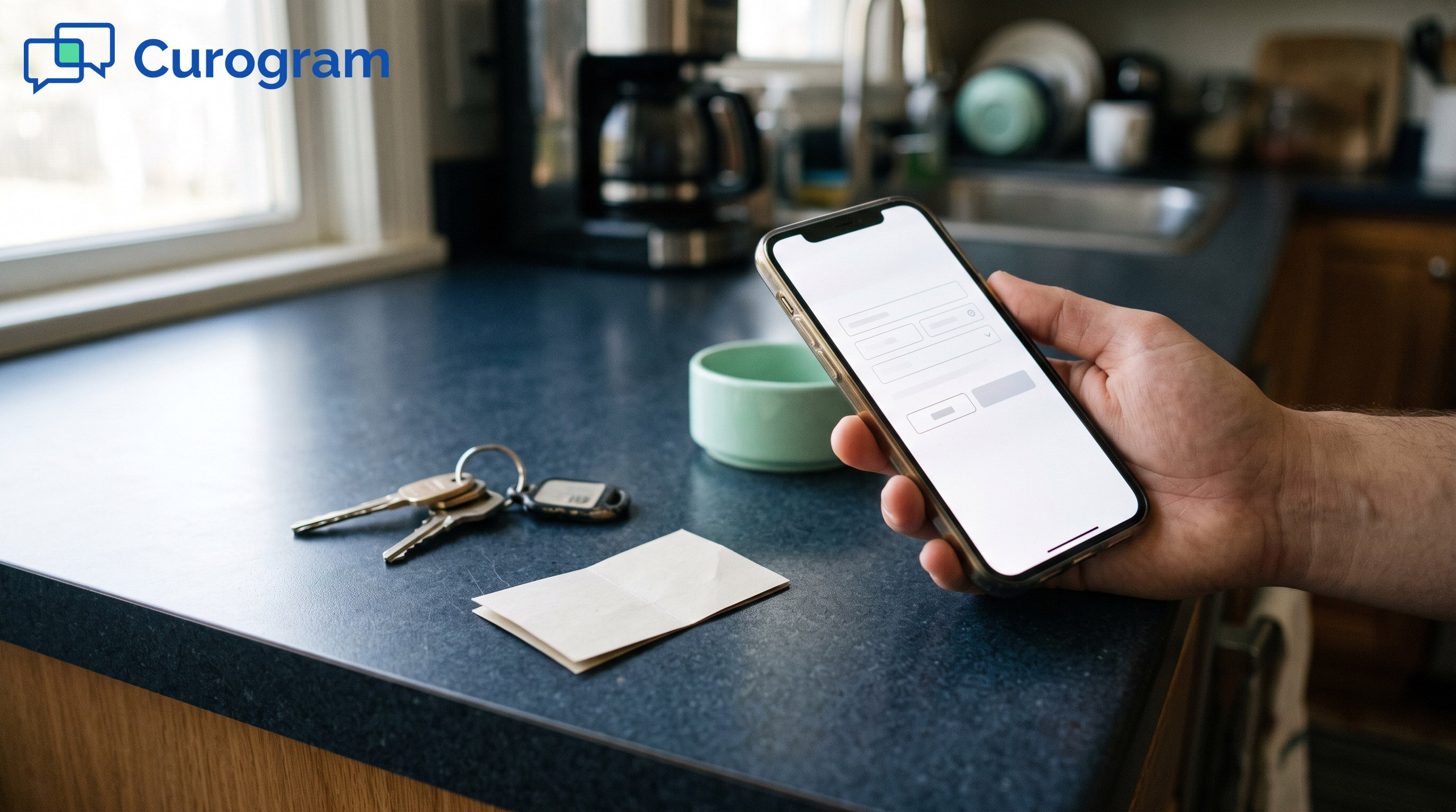 A phone held at a kitchen counter showing a short form, beside car keys and an appointment card