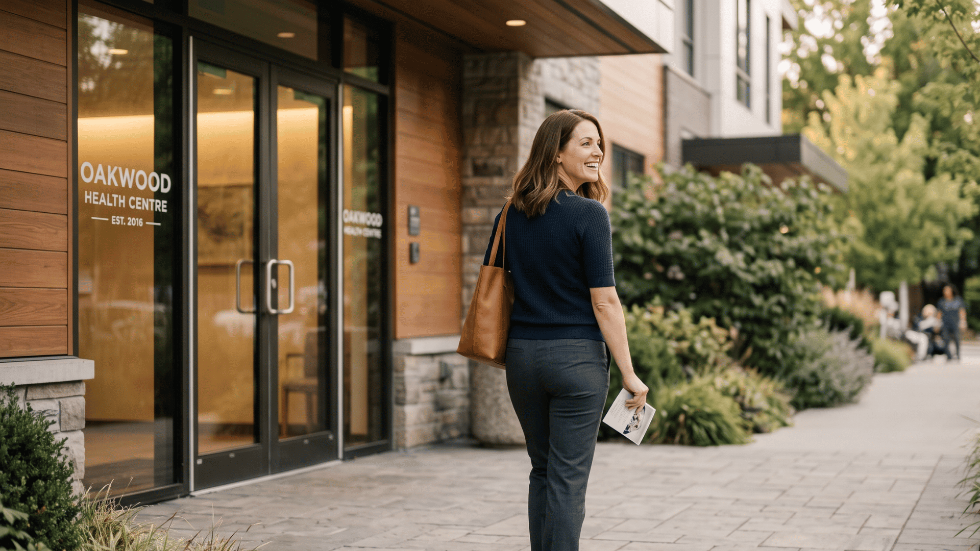 Satisfied patient leaving a clinic after a visit worth a 5-star Google review