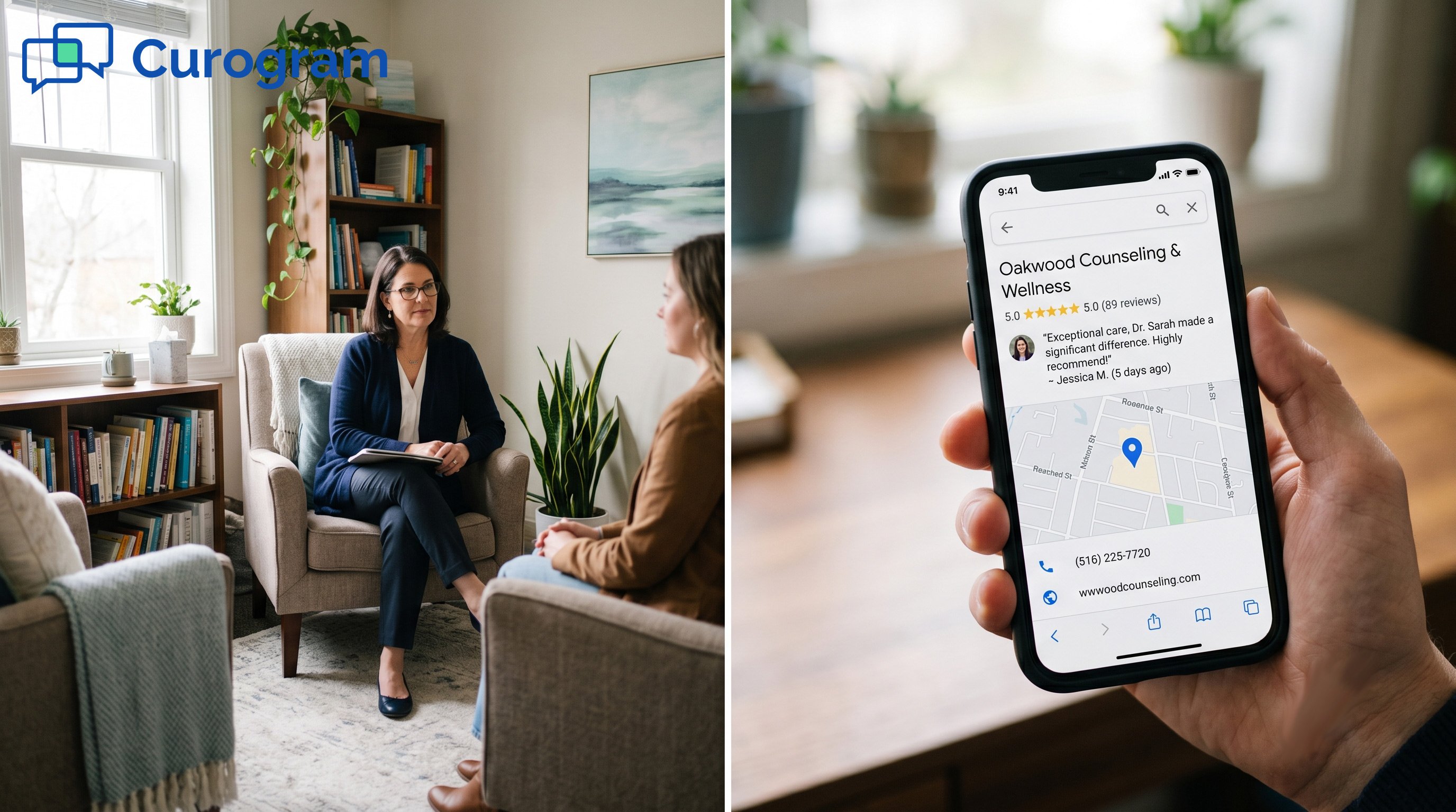 A counseling session leading to a perfect 5-star Google review on a smartphone