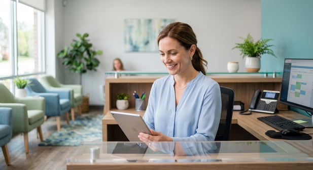 Friendly behavioral health receptionist smiling while using a tablet in a modern lobby