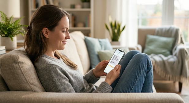 Woman on the couch reading a text on her smartphone