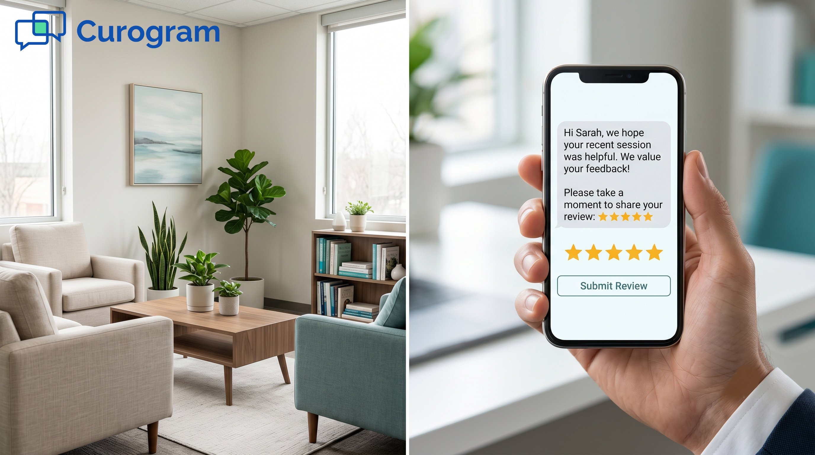 A modern counseling office interior next to a smartphone screen with a 5-star text review