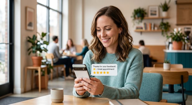 A smiling woman reviewing positive text feedback on a smartphone in a bright modern cafe