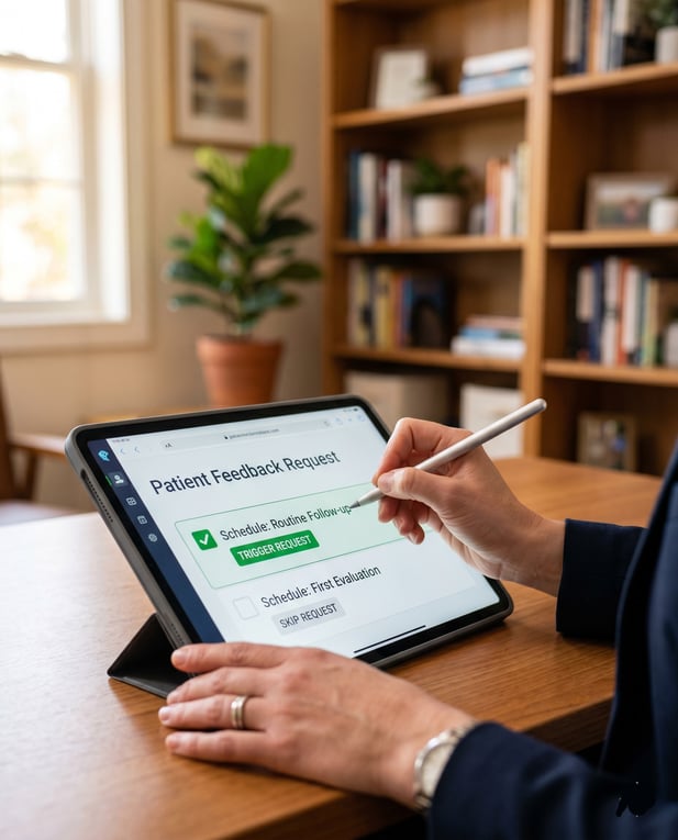 A therapist using software on a tablet to trigger a routine follow-up feedback request