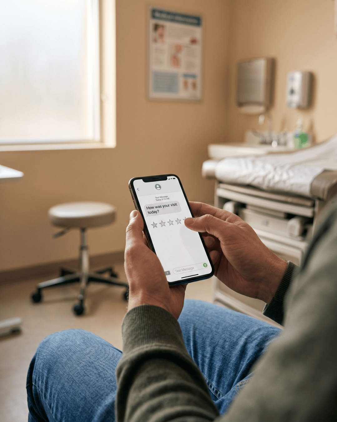 Patient view of an SMS post-visit survey arriving with a 5-star rating prompt after a clinic appointment