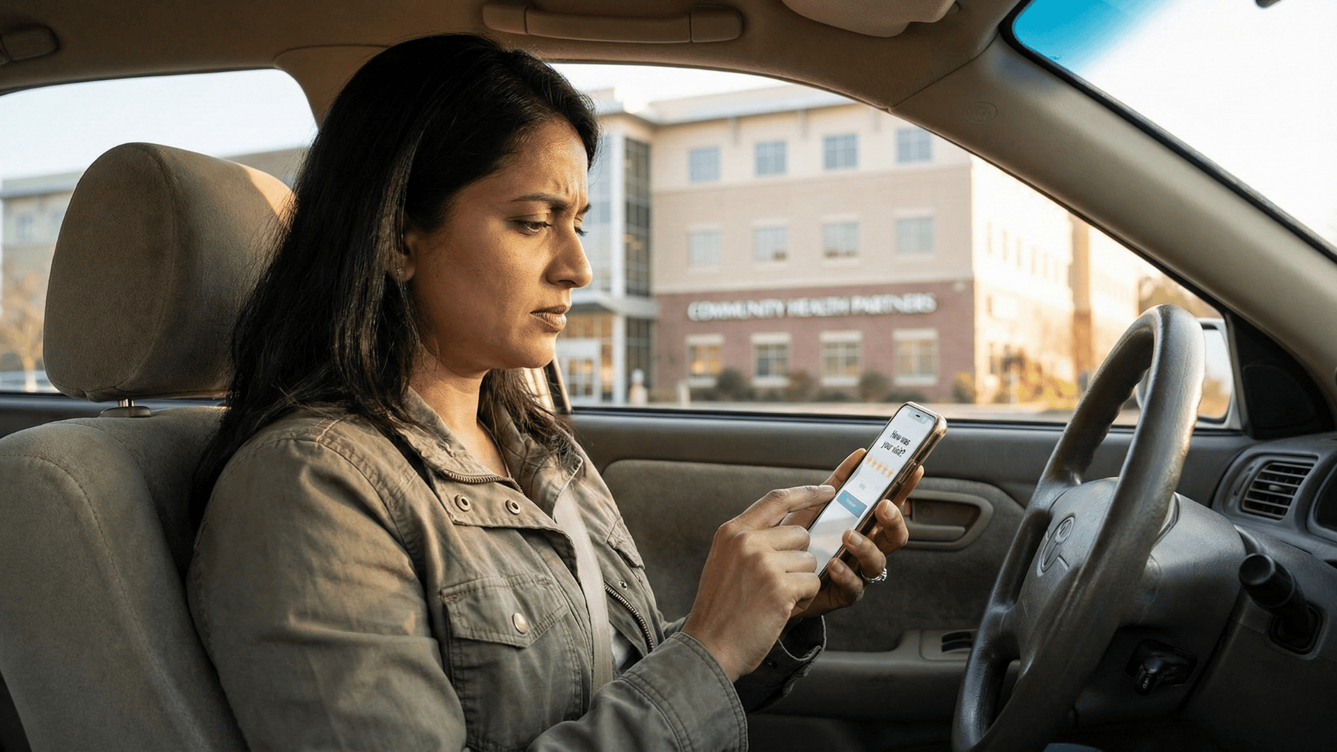 Patient in car completing post-visit satisfaction survey on smartphone after appointment
