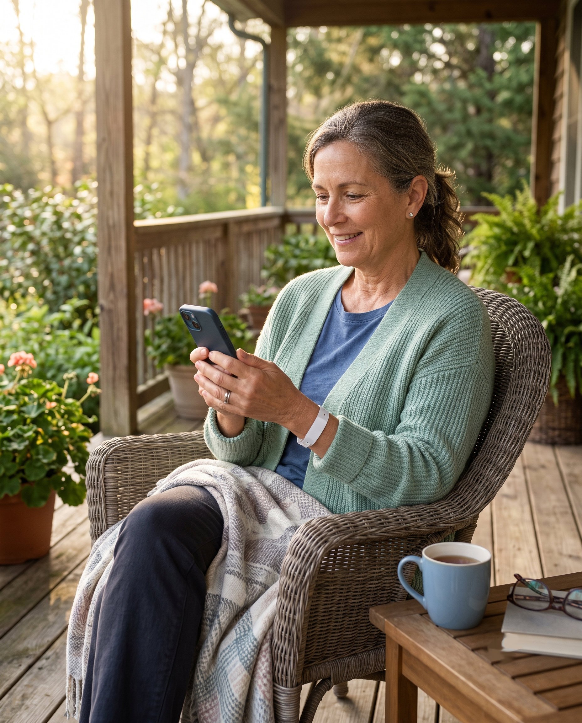 Patient uses smartphone on sunny porch with healthcare app interface