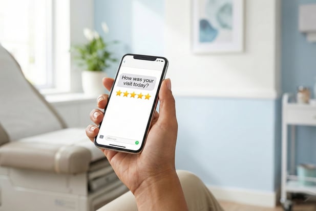 Patient holding a smartphone displaying a 5-star satisfaction survey in a medical exam room