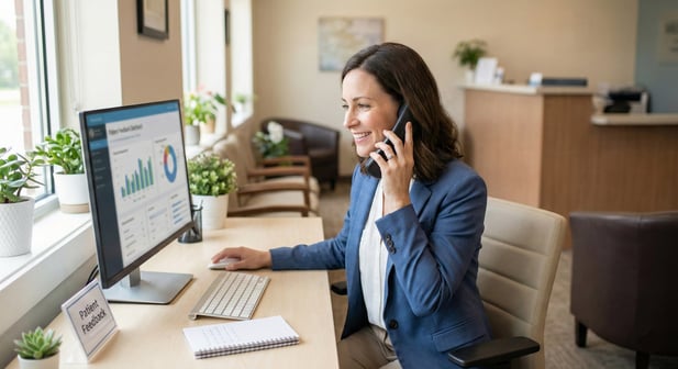 Practice manager on a call while using a patient feedback dashboard for service recovery