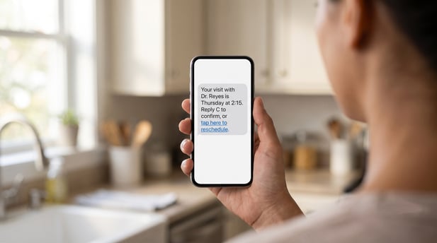 Smartphone displaying SMS with link to "tap here to reschedule" doctor appointment