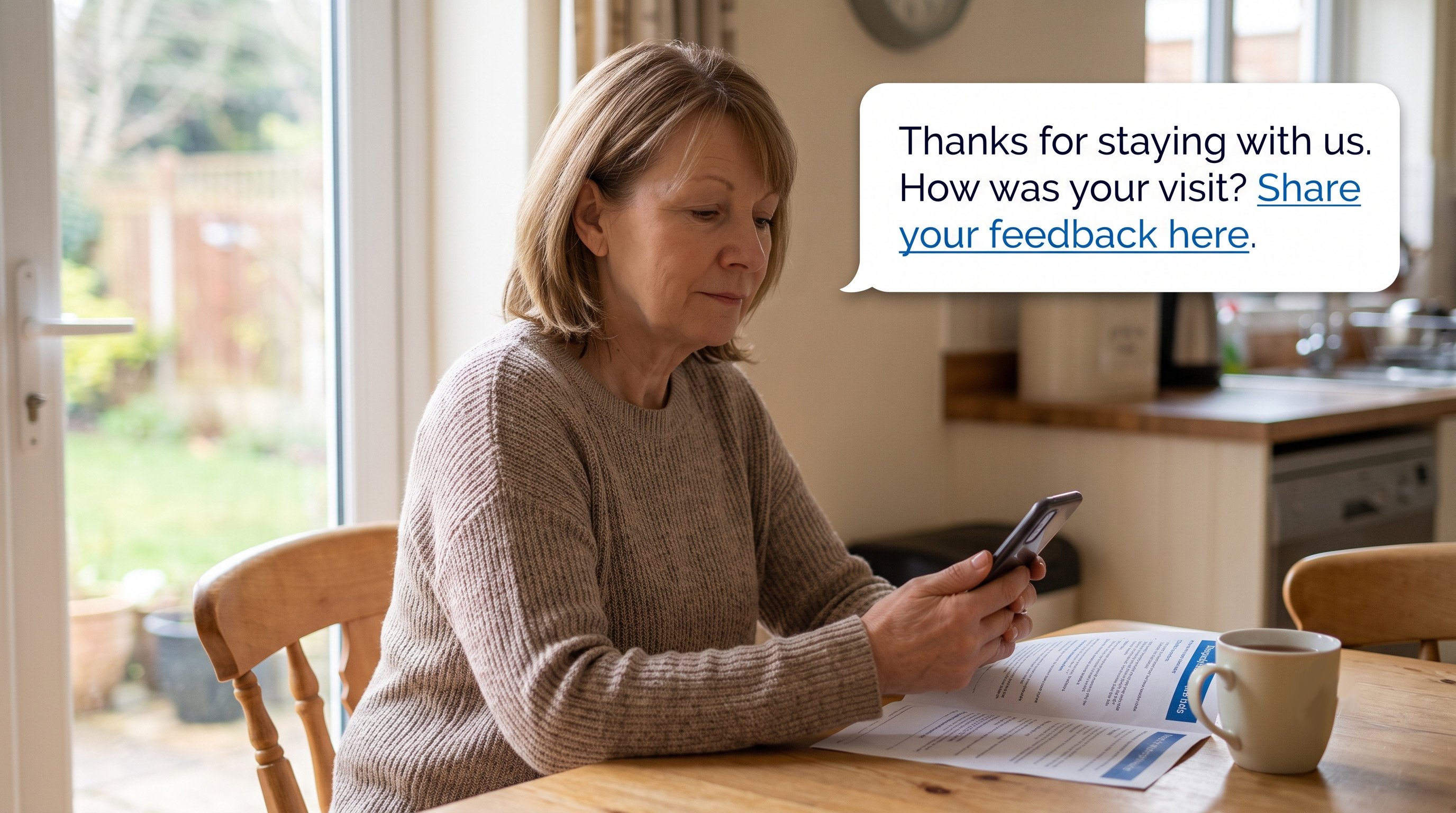Woman at home reviewing a post-discharge patient feedback survey on her smartphone