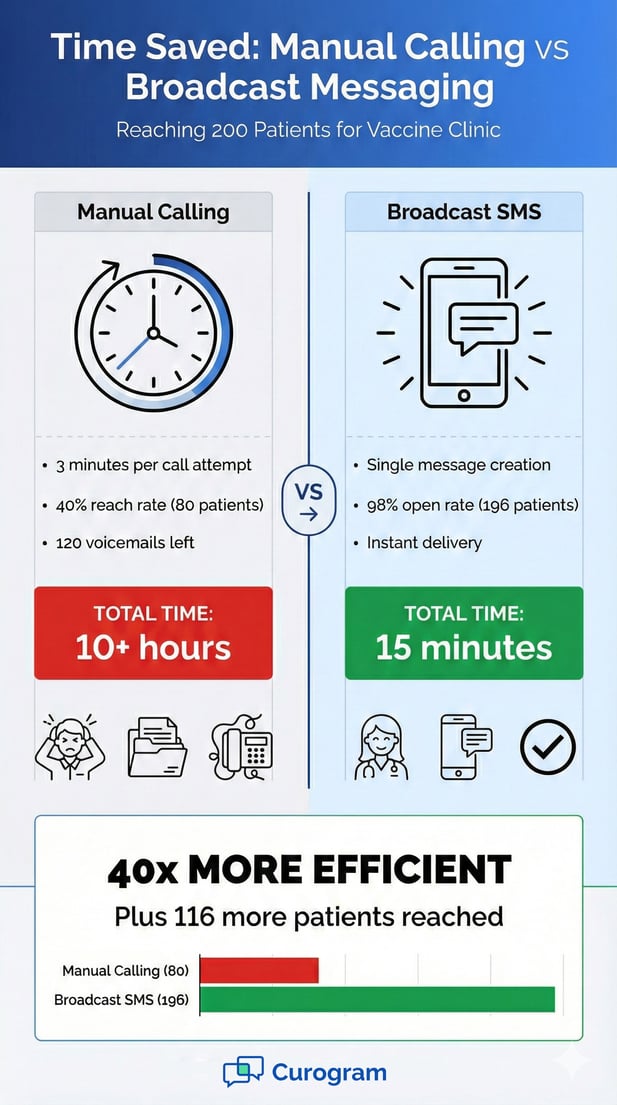 Infographic comparing manual calling inefficiency vs Elation Health broadcast SMS efficiency