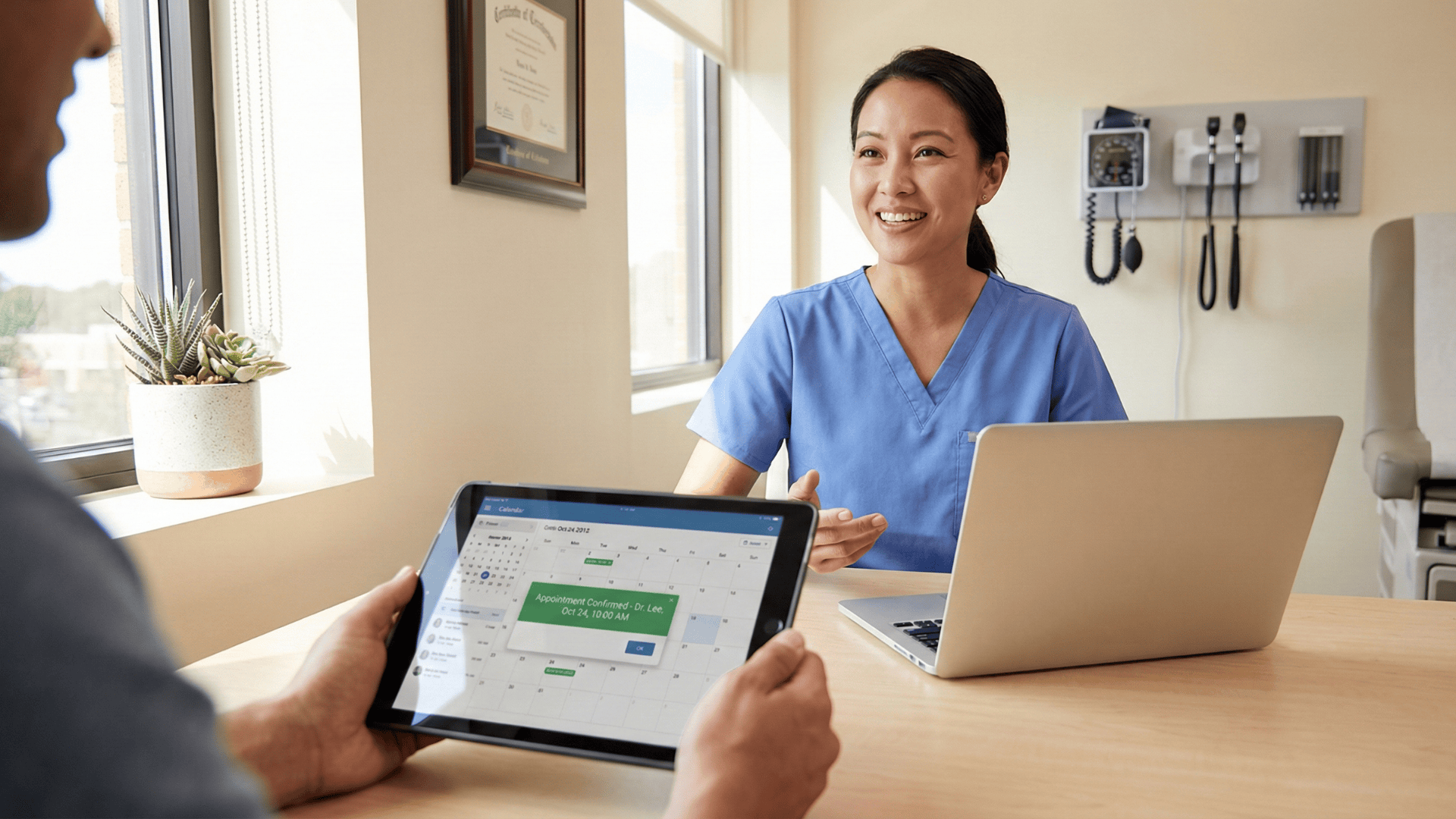 Patient viewing appointment reminder on tablet during visit with medical office staff