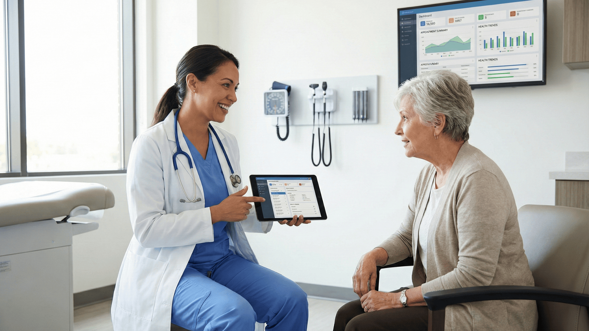 Doctor reviewing patient chart on tablet during an exam room consultation