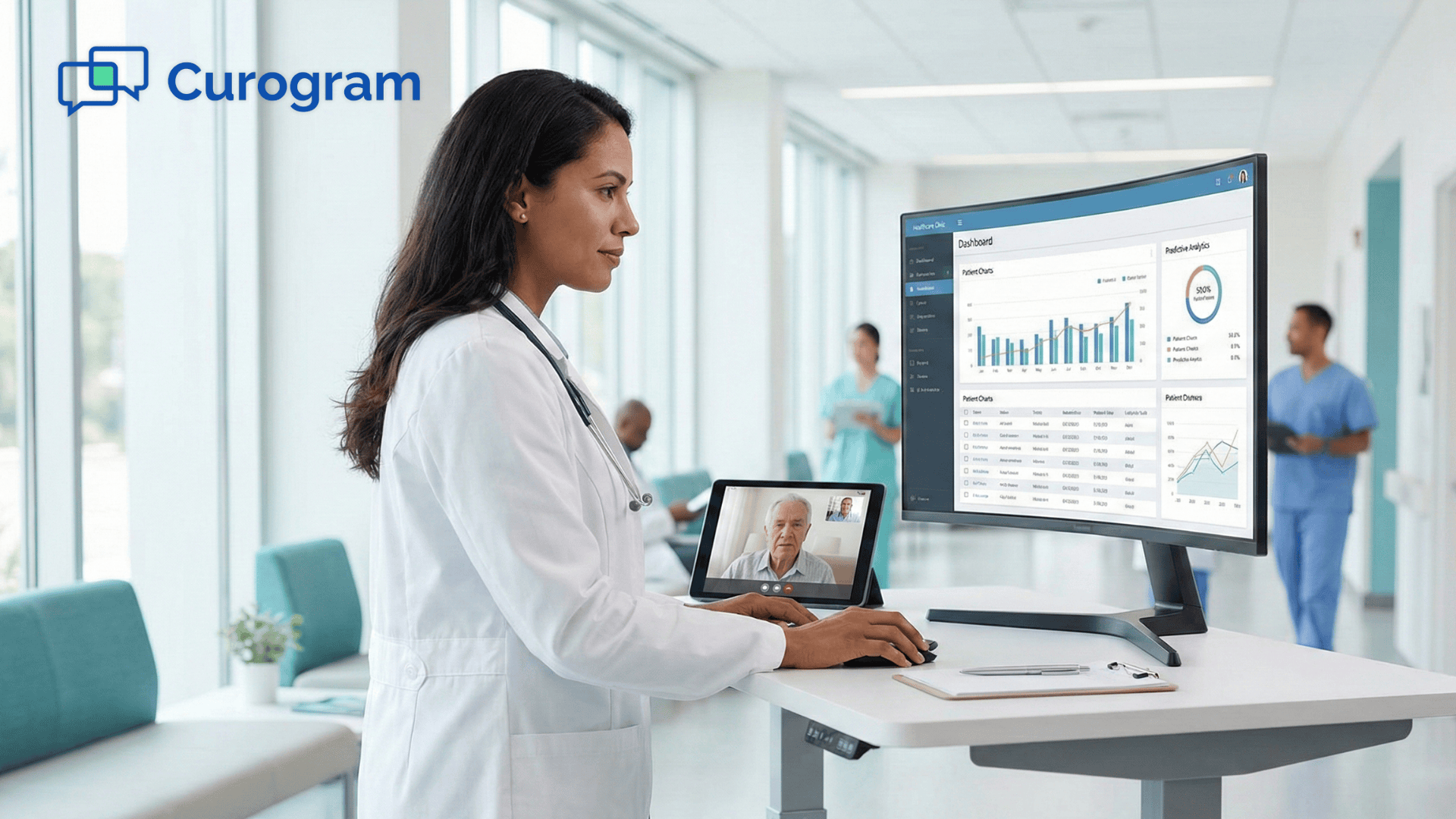 Doctor reviewing AI-powered EHR dashboard and telehealth screen in a modern clinic