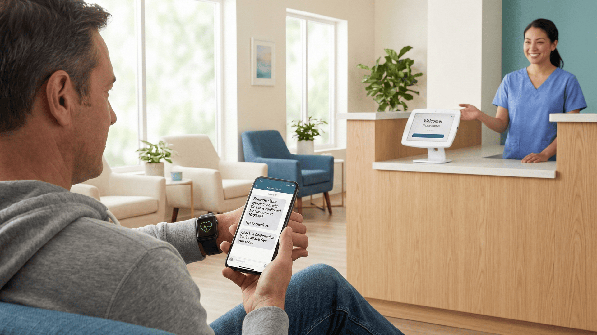 Patient using smartphone to check in at a tech-enabled medical practice waiting area