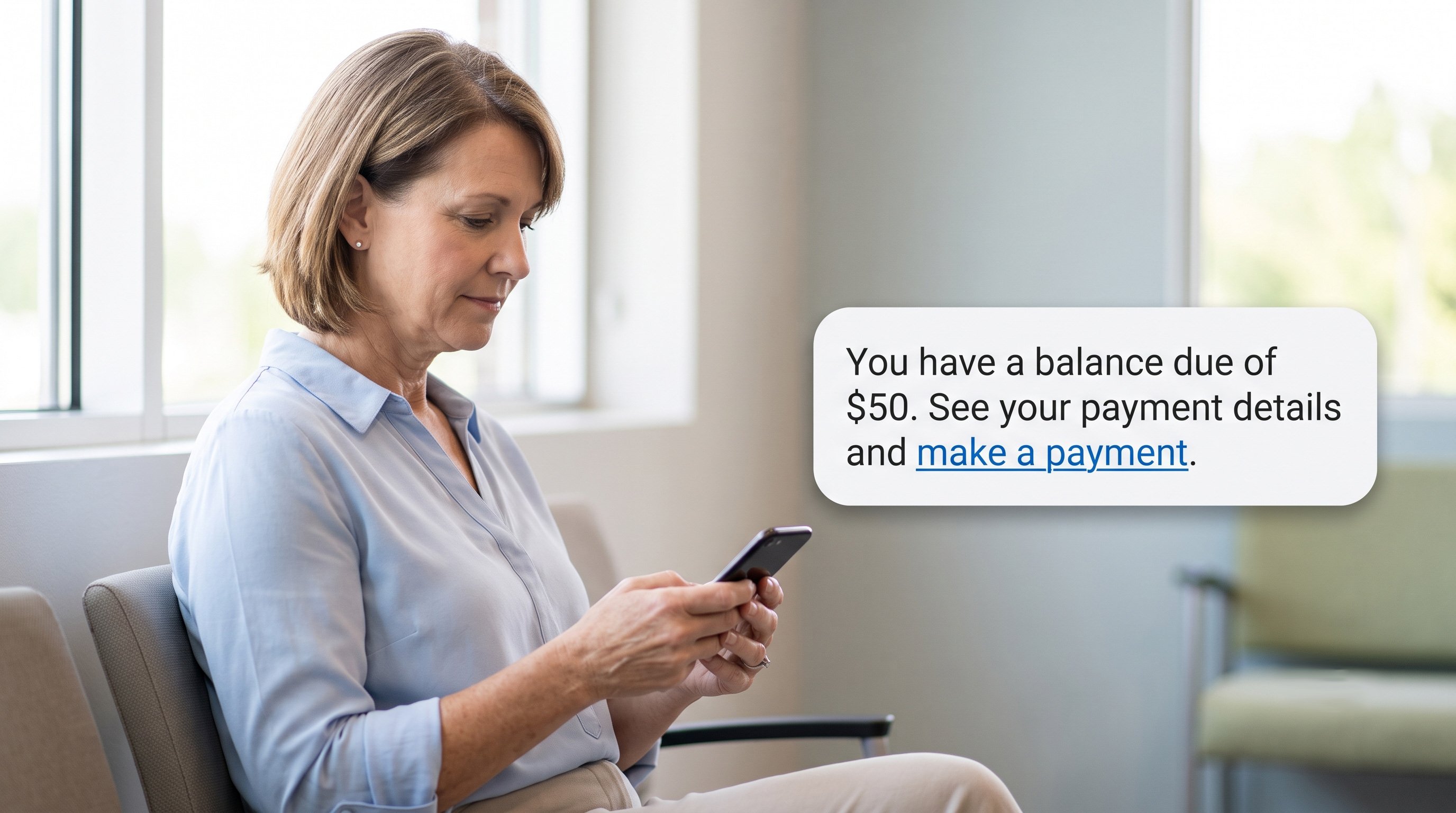 A mobile phone displaying a secure text message notification for a healthcare payment
