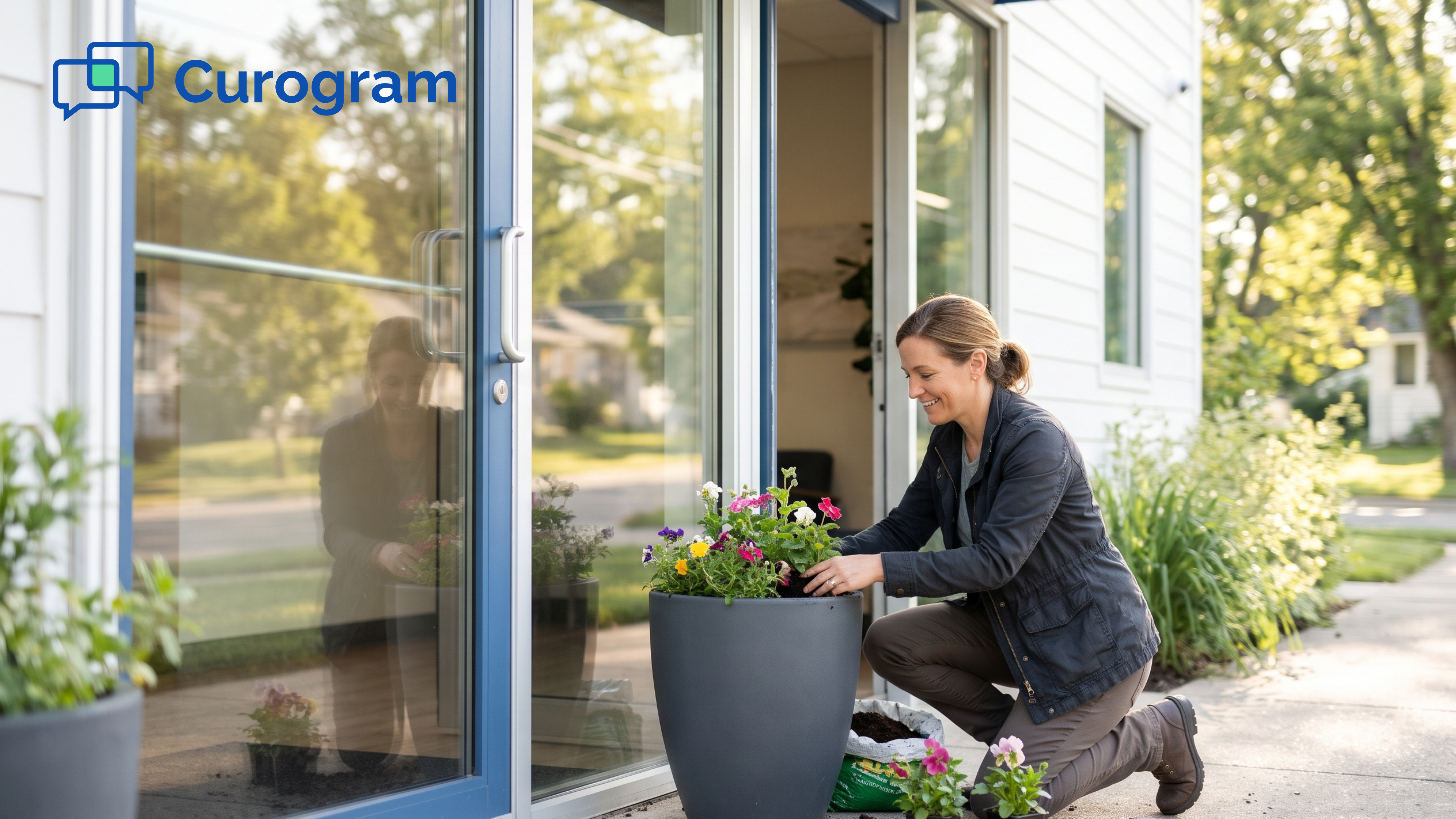 Practice manager planting flowers at a clinic entrance to keep its first impression fresh
