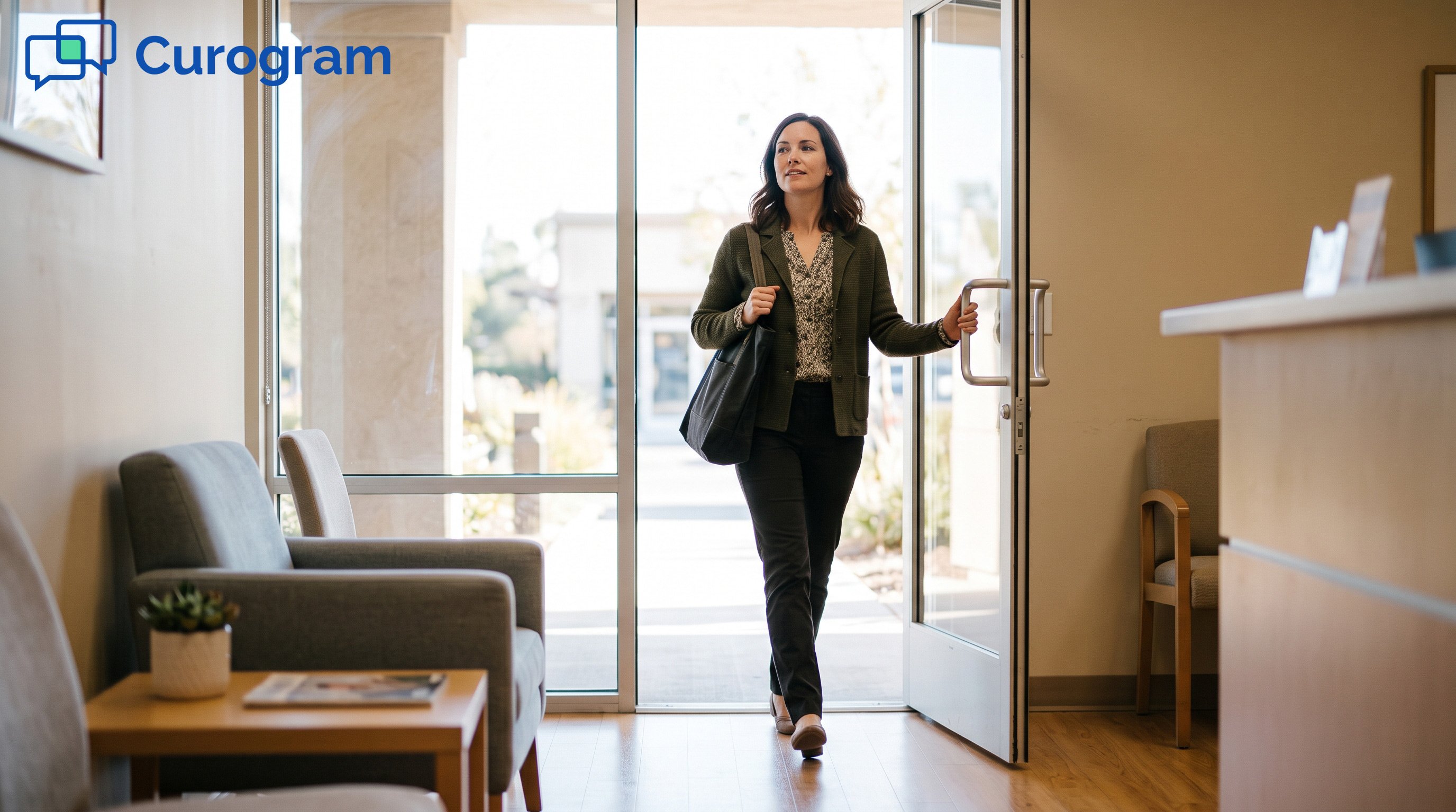 A patient in their thirties steps through into a bright, calm waiting area