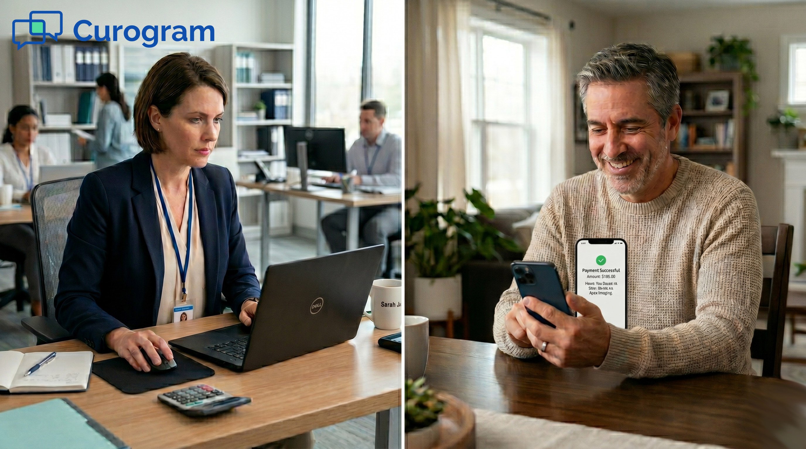 Split image: medical staff on left looking at a laptop, man looking at a smartphone paying his bill