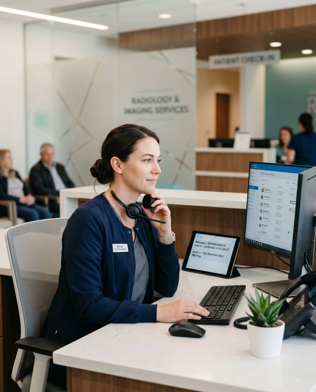 Radiology receptionist uses scheduling software and headset to manage patient appointments
