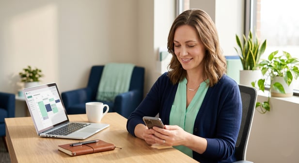 Happy behavioral health professional manages appointments on her smartphone in a modern office