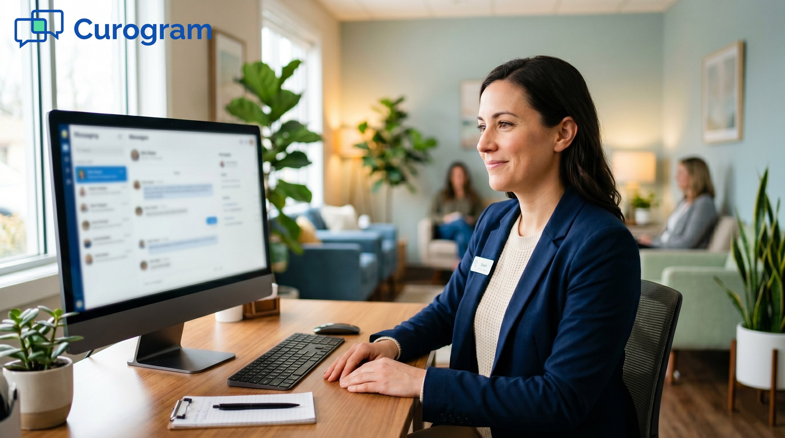 A modern clinic receptionist using a messaging platform to manage patient communications