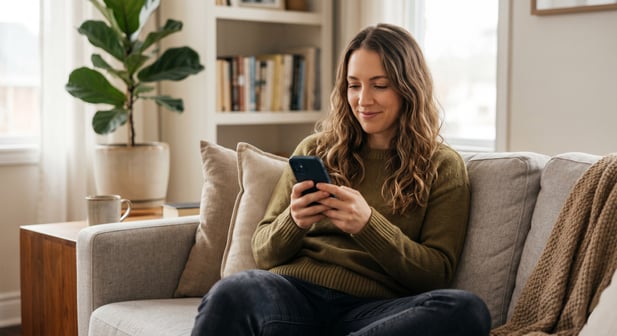 Woman sitting on a couch relaxed, typing on her smartphone