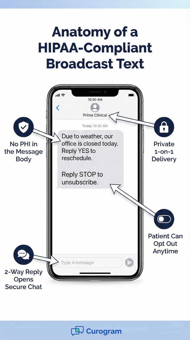 Anatomy of a HIPAA-compliant broadcast text infographic for medical offices