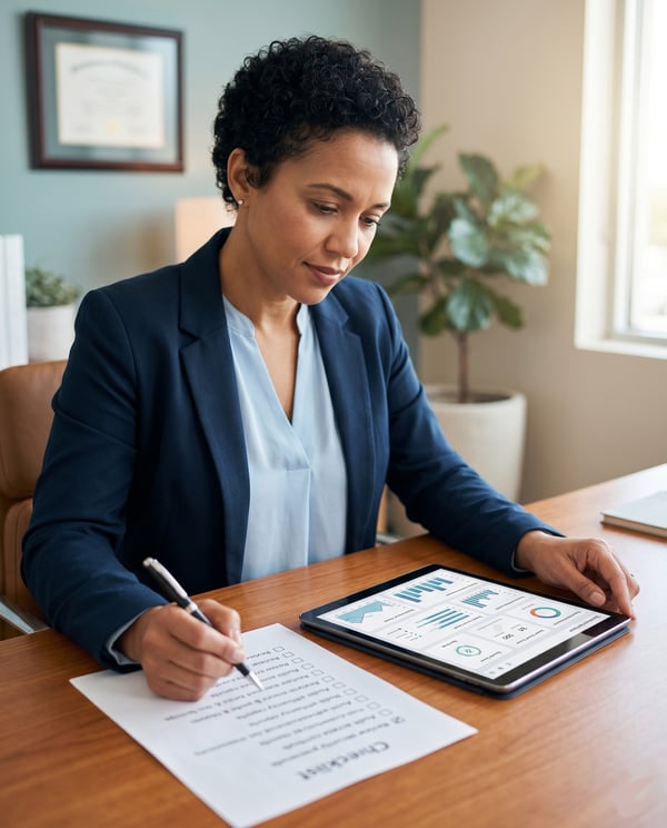 Healthcare manager using a data evaluation checklist and a tablet displaying analytics