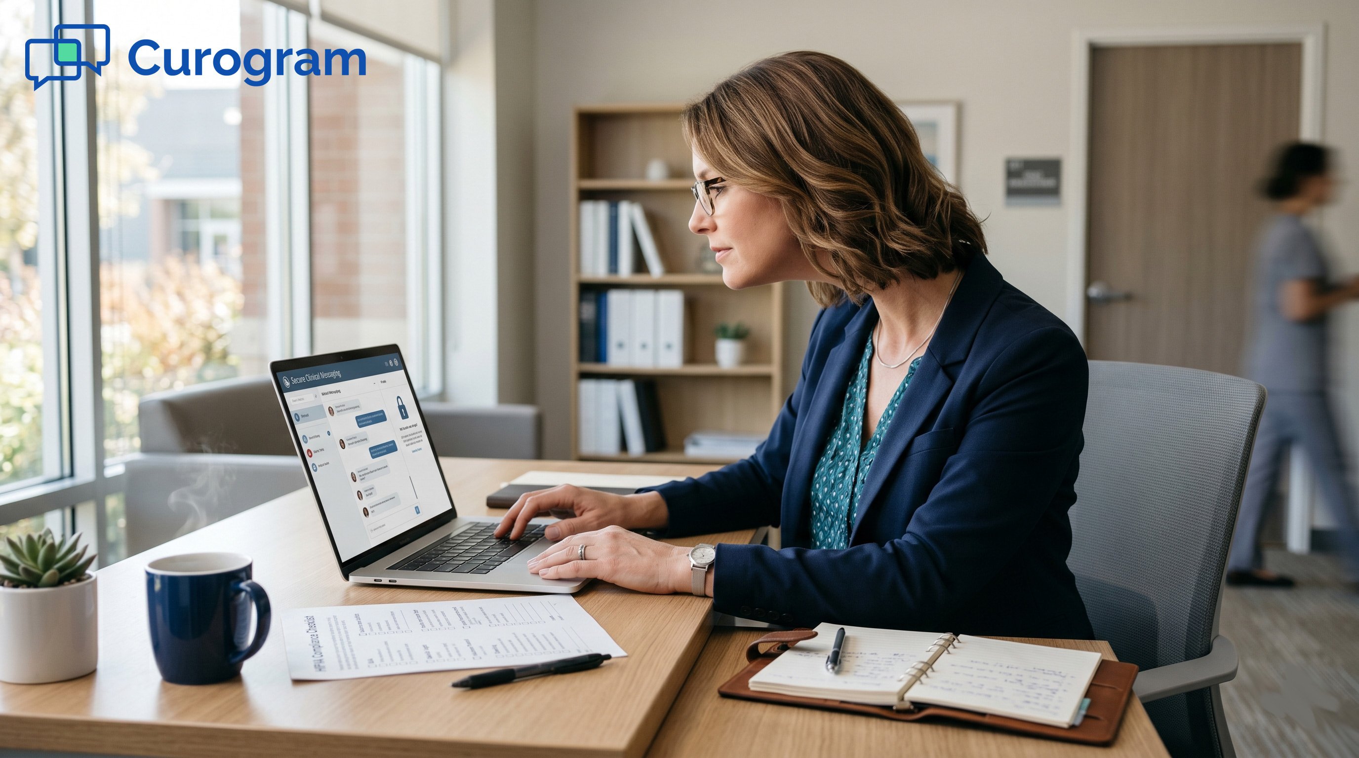 Clinic admin uses secure messaging on a laptop at a professional desk, modern office setting