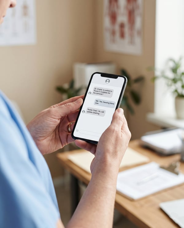 Healthcare worker's hands in scrubs holding a phone with text messages about patient care