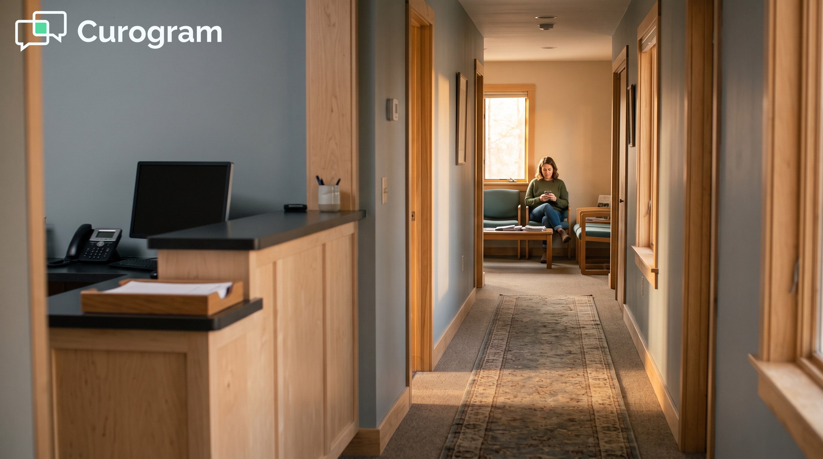 A front-desk counter, a softly lit corridor, a seated patient in a waiting room holding a phone