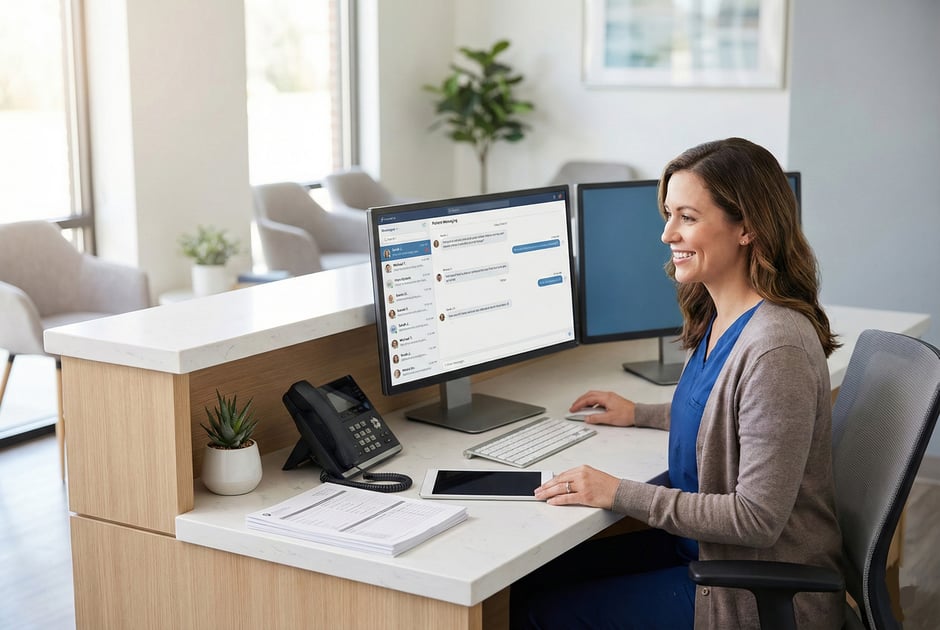 Medical receptionist at a modern clinic front desk using patient texting software