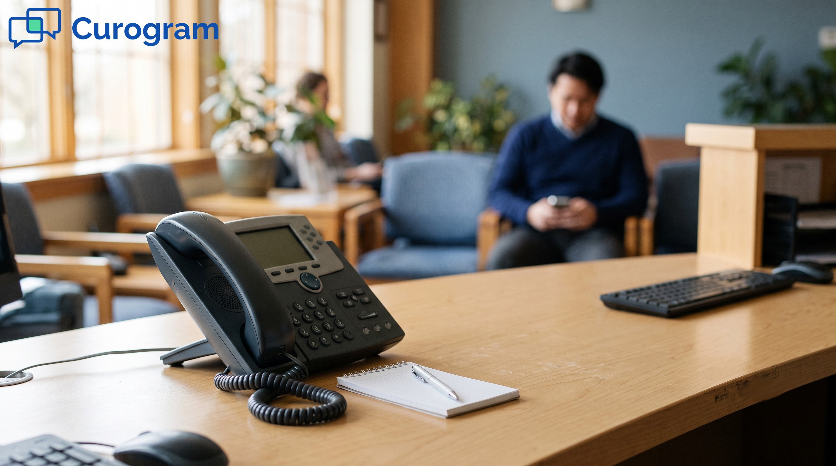 Blurred patient on phone in waiting room with sharp desk phone in foreground