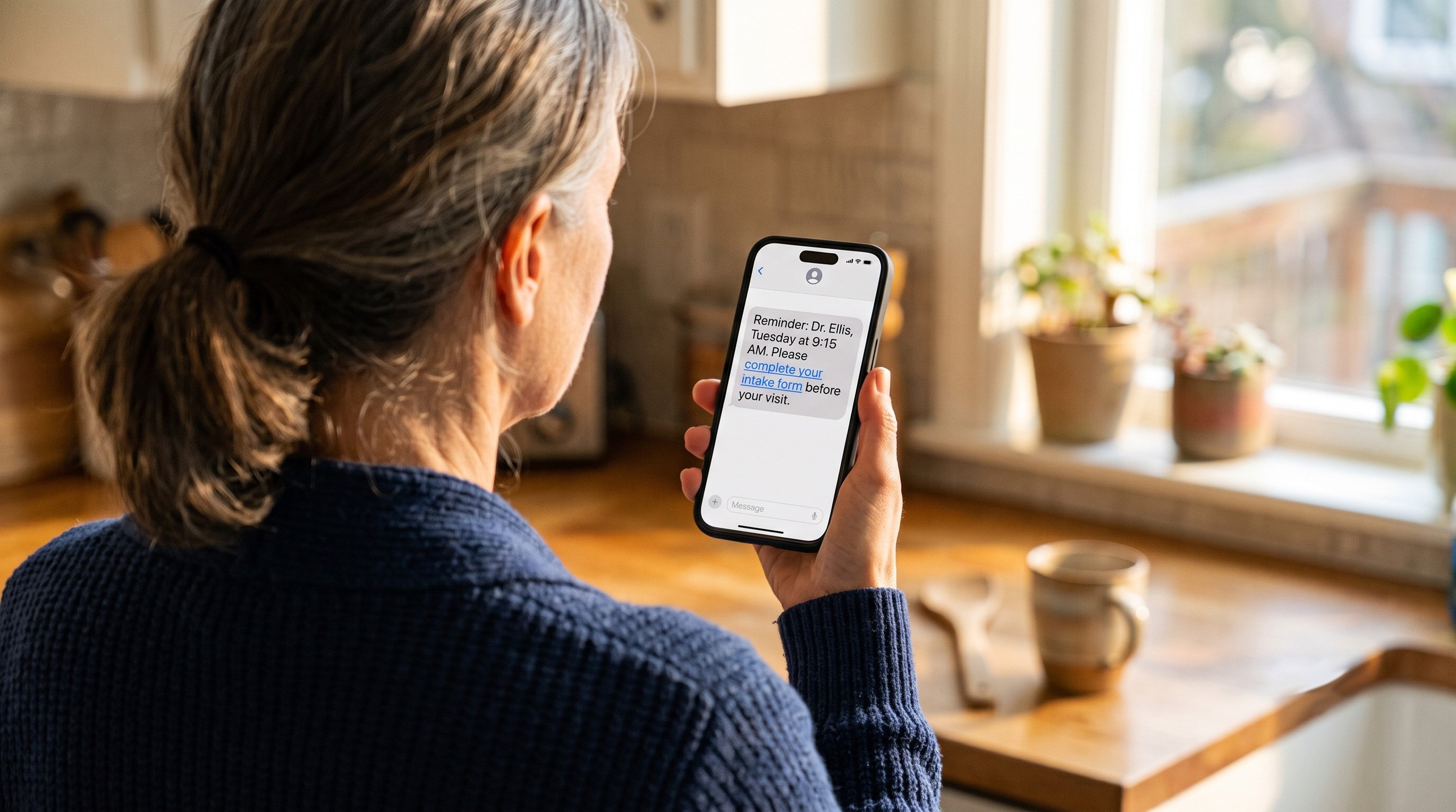 Close-up of patient reading appointment reminder and intake form link on smartphone