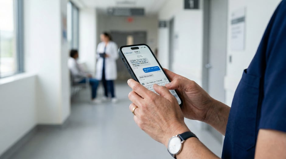 Wider view of hands holding a smartphone displaying the readable patient message thread in an office