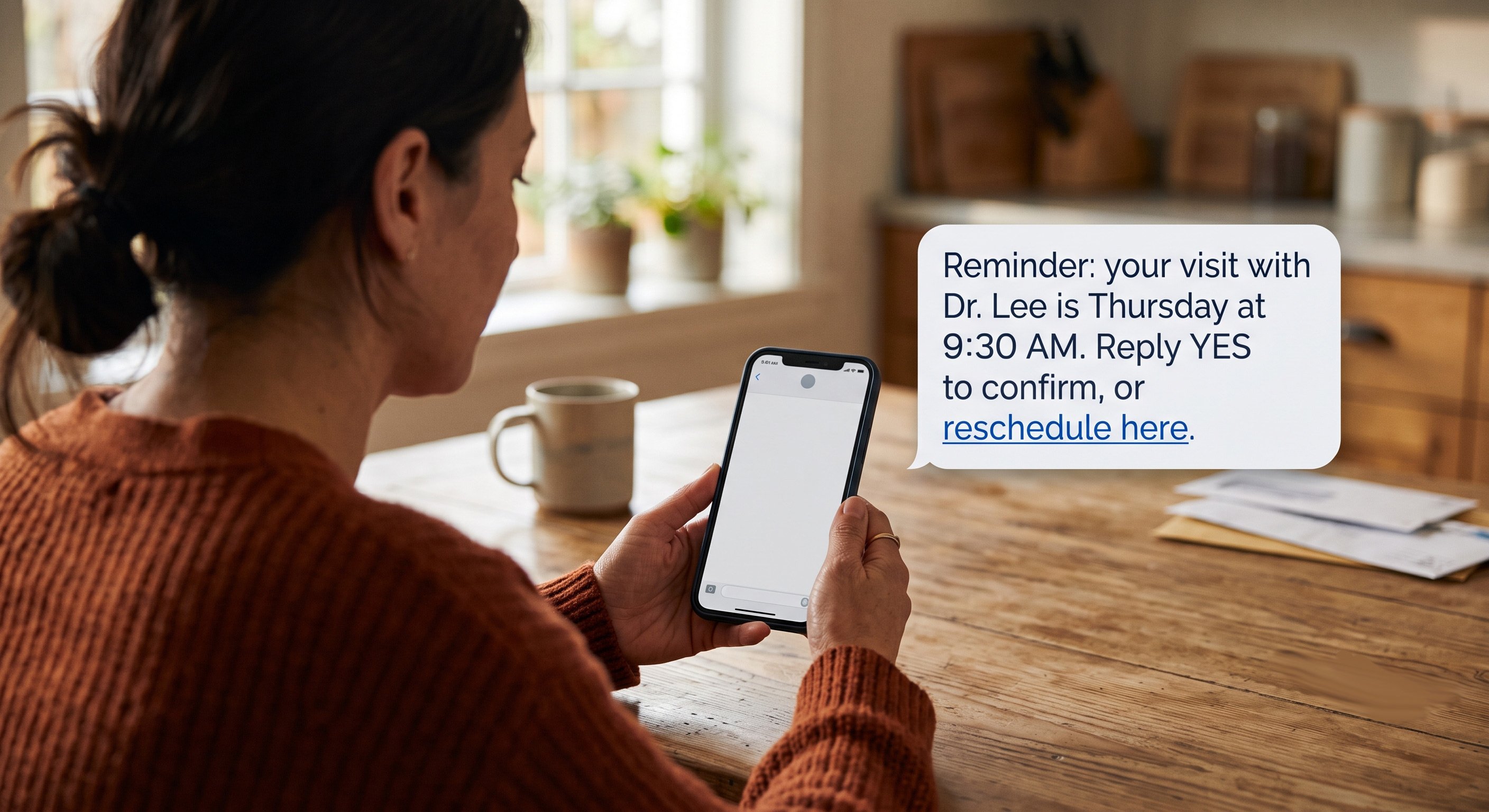 Close up of patient viewing secure appointment reminder text on smartphone at home