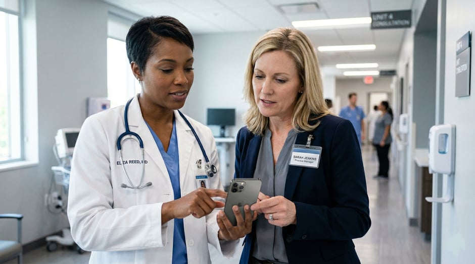 Doctor and medical admin looking at a smartphone