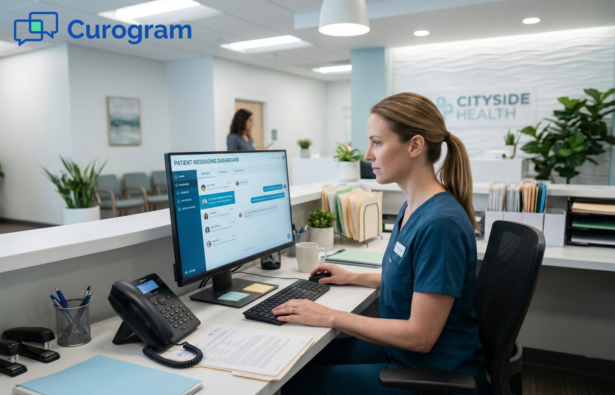 Woman at healthcare messaging dashboard in a modern clinic
