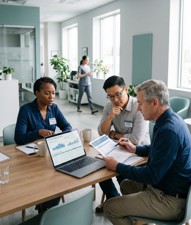 Medical administrators collaborating on clinic operations strategy