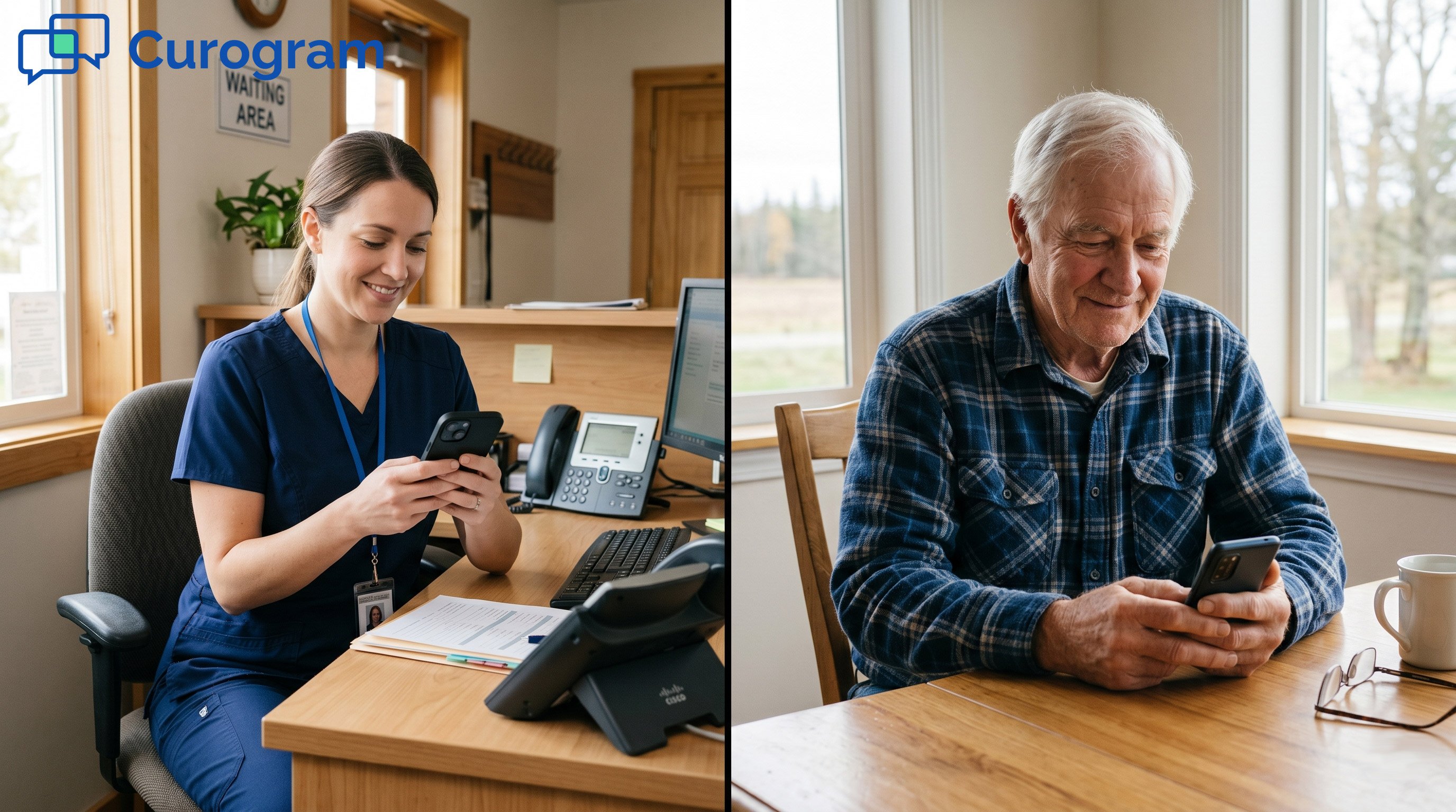Healthcare staff and older patient smiling while using smartphones for patient texting