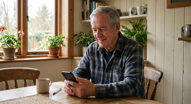 An elderly patient happily using a smartphone at his home kitchen table