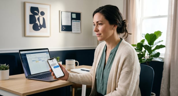 A doctor holding a smartphone, sitting on a desk with a laptop on it