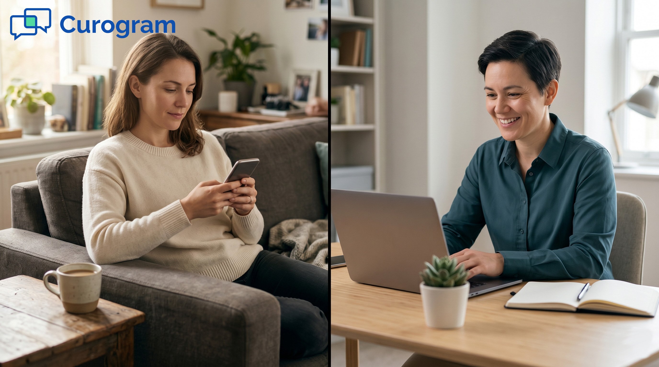 Split screen: Patient at home, clinician on laptop, linked by video call