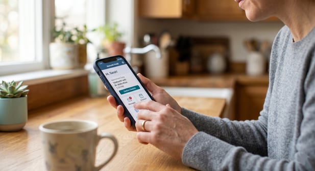 Close-up: hand holding phone with SMS join link on screen