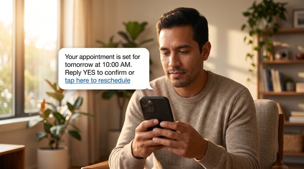 Client receiving an appointment confirmation text with a clickable reschedule link