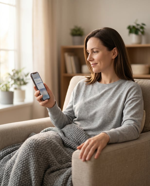 Patient at home comfortably reviewing a medical appointment reminder text on her smartphone