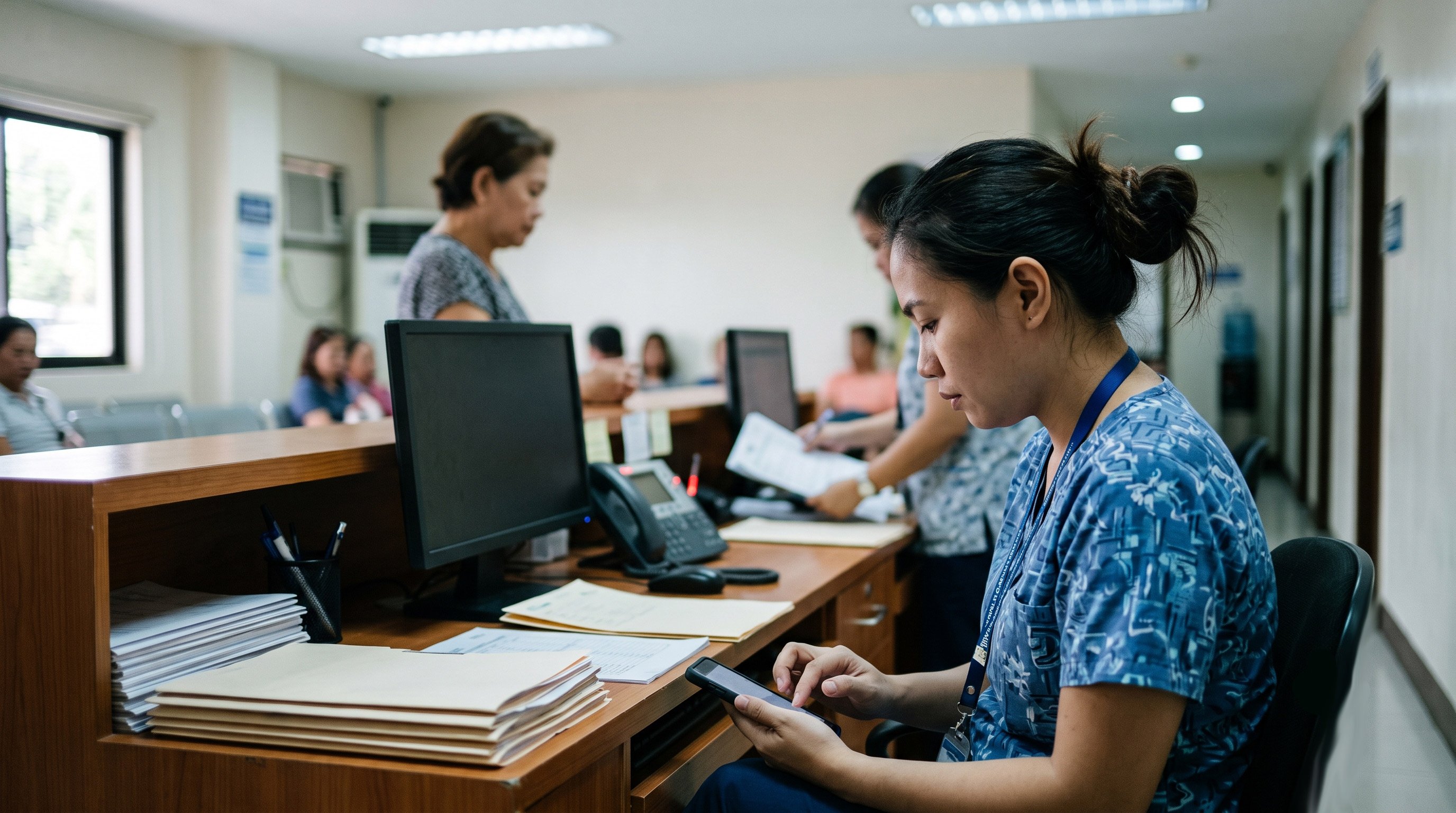 Receptionist on smartphone in a clinic, potential HIPAA risk