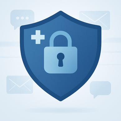 Symbol of HIPAA compliance for patient reminders: a security shield protecting digital communication icons within a healthcare context.